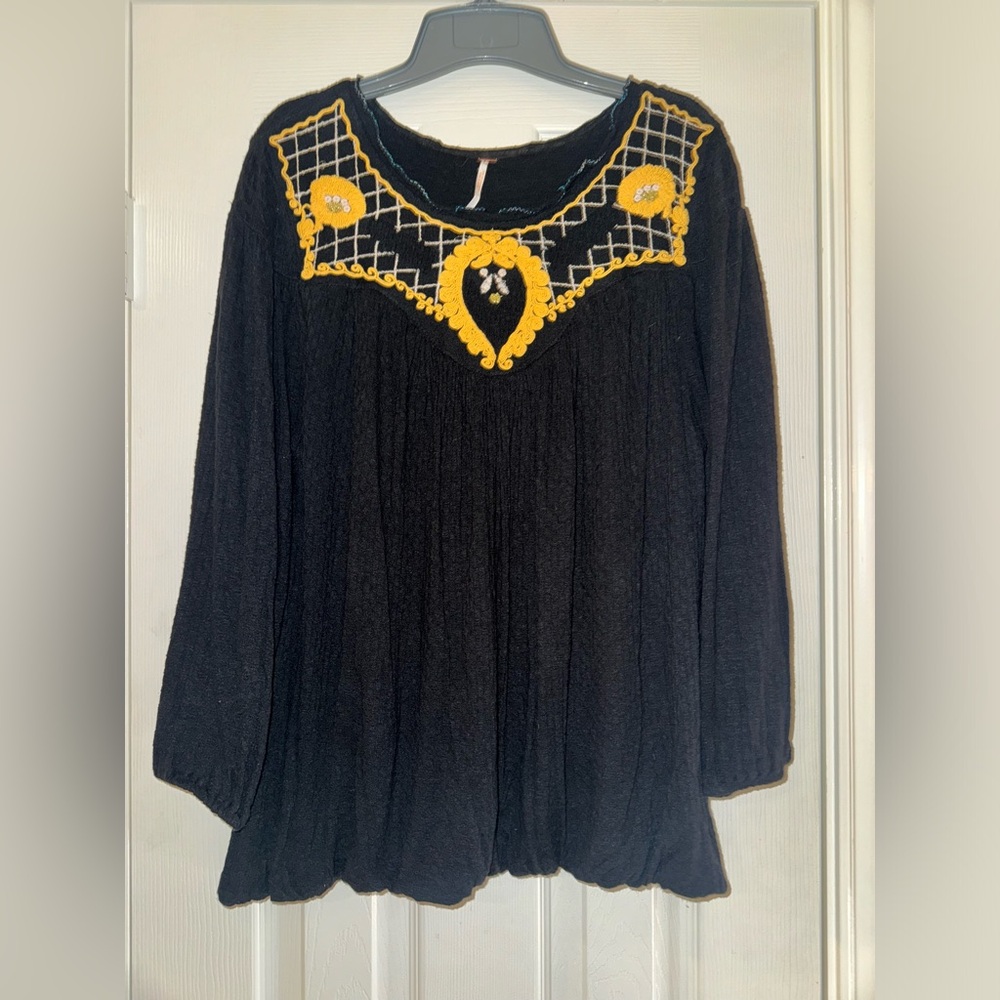 Free People Embroidered Black Top
